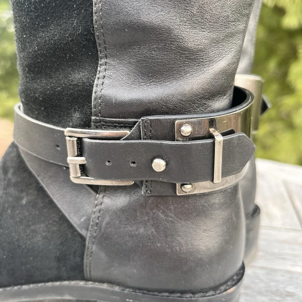 Vince Camuto Jaran Riding Boot Womens 7 Tall Black Leather Suede Silver Hardware